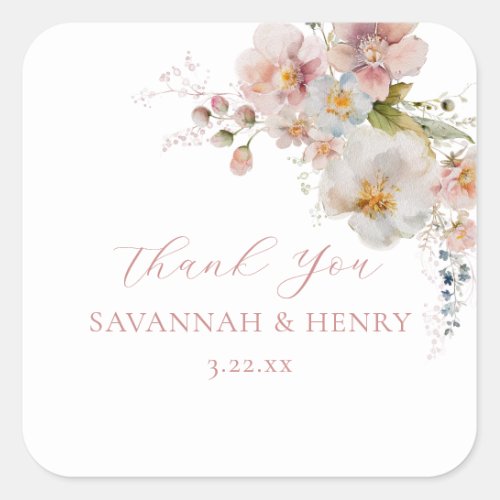 Watercolor Pink Wildflower Floral Thank You Square Sticker