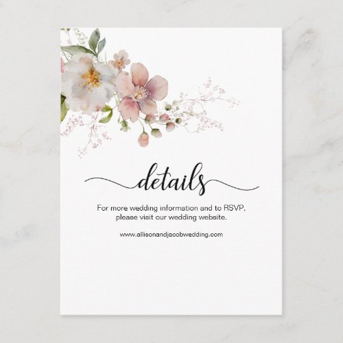 Watercolor Pink Wildflower Floral Wedding Details Enclosure Card