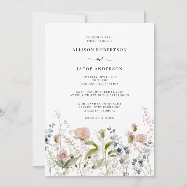 Watercolor Pink Wildflower Floral Wedding Invitation (Front)