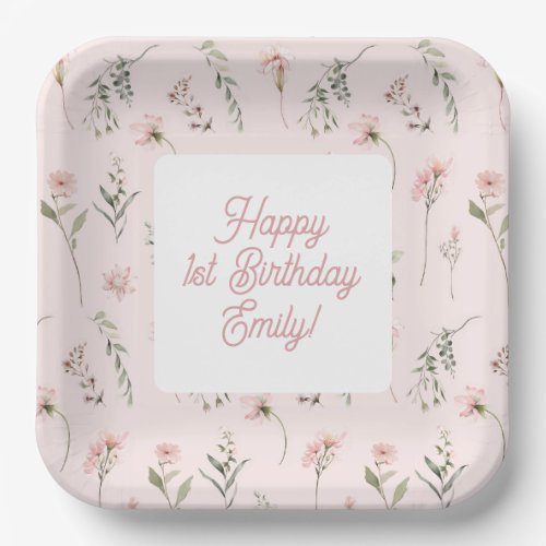Watercolor Pink Wildflower Miss Onederland  Paper Plates