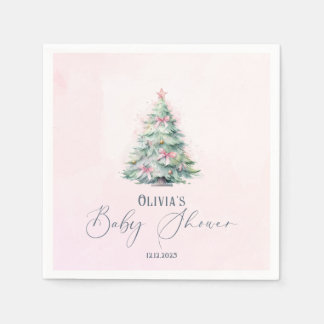 Watercolor Pink winter Christmas girl baby shower Napkins