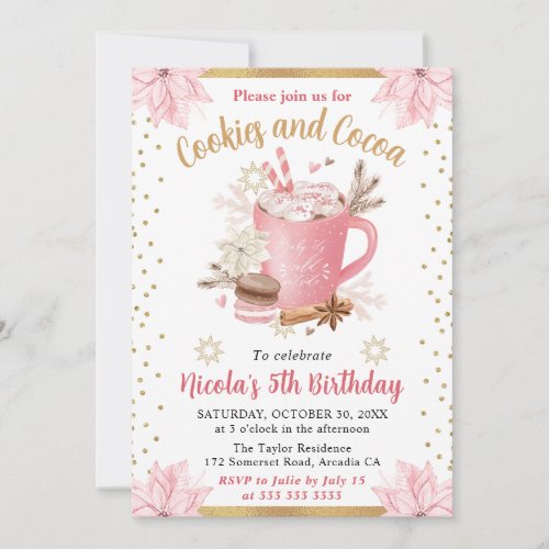 Watercolor Pink Winter Cookies and Cocoa Birthday Invitation