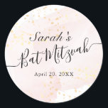 Watercolor Pink x Gold Bat Mitzvah Classic Round Sticker<br><div class="desc">This chic and elegant bat mitzvah sticker features a white background with blush pink brush strokes in watercolor and faux gold splatters. Personalize it for your needs. You can find more matching products at my store.</div>