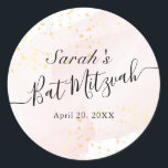 Watercolor Pink x Gold Bat Mitzvah Classic Round Sticker<br><div class="desc">This chic and elegant bat mitzvah sticker features a white background with blush pink brush strokes in watercolor and faux gold splatters. Personalize it for your needs. You can find more matching products at my store.</div>