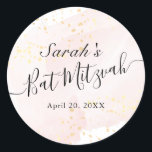 Watercolor Pink x Gold Bat Mitzvah Classic Round Sticker<br><div class="desc">This chic and elegant bat mitzvah sticker features a white background with blush pink brush strokes in watercolor and faux gold splatters. Personalize it for your needs. You can find more matching products at my store.</div>