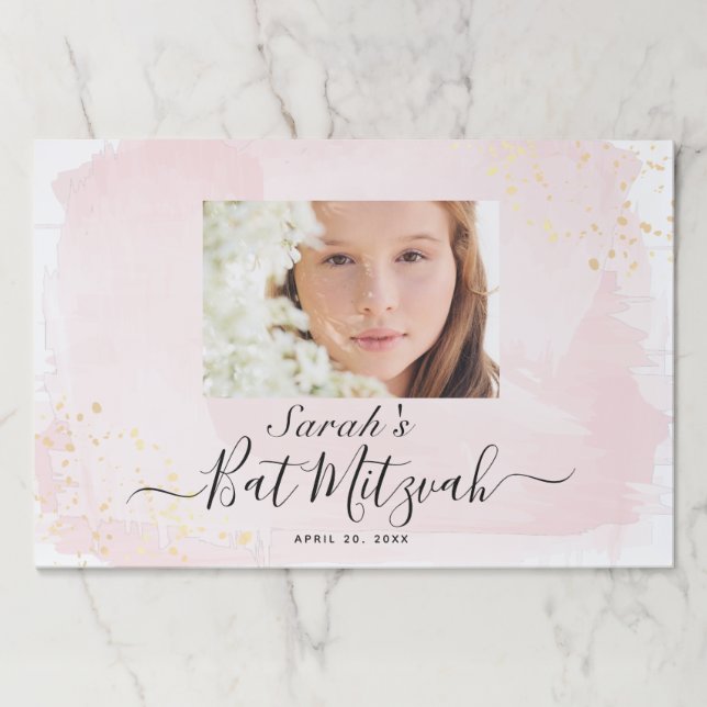 Watercolor Pink x Gold Bat Mitzvah Photo Placemat (Front)