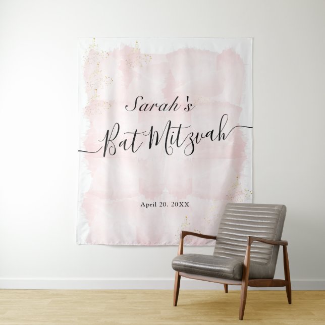 Watercolor Pink x Gold Bat Mitzvah Welcome Tapestry (In Situ)