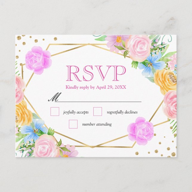 Watercolor Pink Yellow Blue Flowers Wedding Postcard (Front)