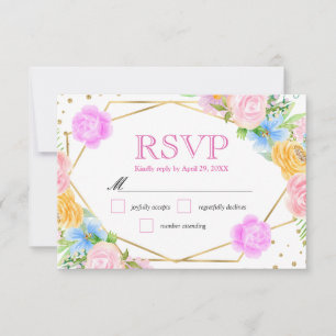 Watercolor Pink Yellow Blue Flowers Wedding RSVP Card