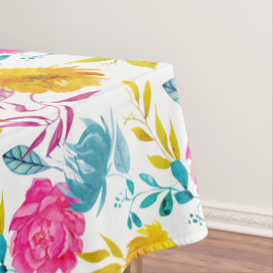 Watercolor Pink, Yellow & Blue Summer Flowers Tablecloth