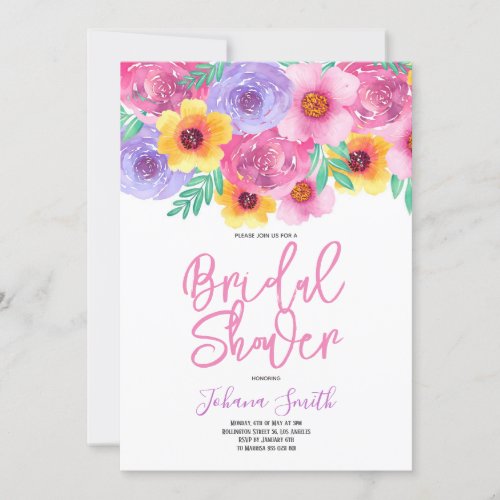 Watercolor Pink Yellow Floral Bridal Shower  Invitation