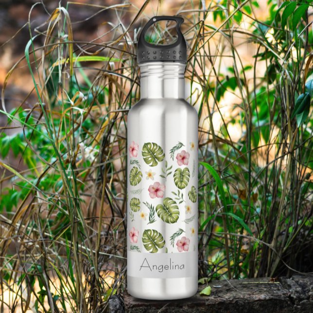Watercolor pink yellow flower name stainless steel water bottle (Creator Uploaded)