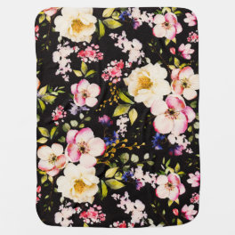Watercolor Pink Yellow Roses Black Background Baby Blanket