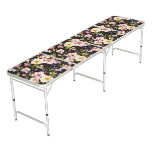 Watercolor Pink Yellow Roses Black Background Beer Pong Table