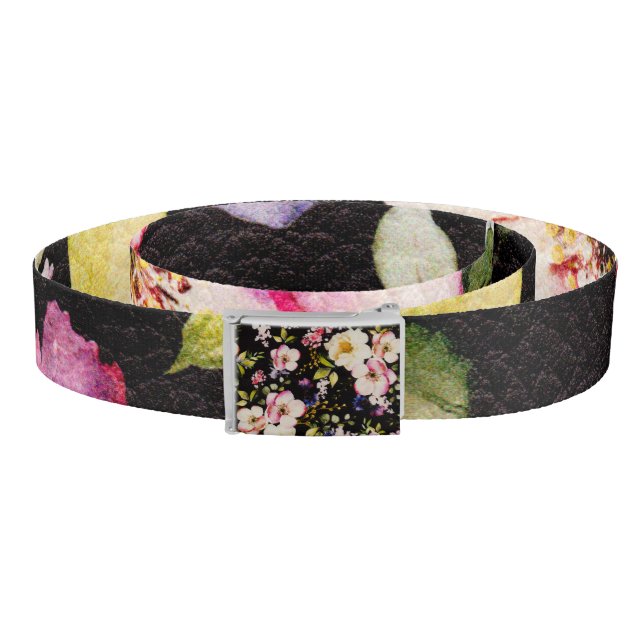 Watercolor Pink Yellow Roses Black Background Belt (Coil)