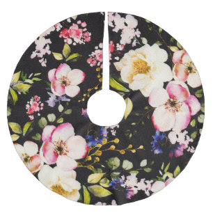 Watercolor Pink Yellow Roses Black Background Brushed Polyester Tree Skirt