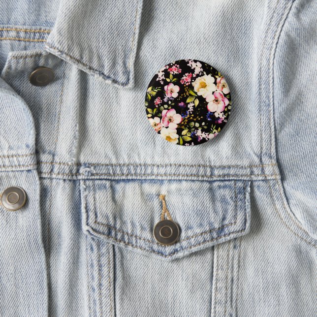 Watercolor Pink Yellow Roses Black Background Button (In Situ)