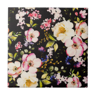 Watercolor Pink Yellow Roses Black Background Ceramic Tile