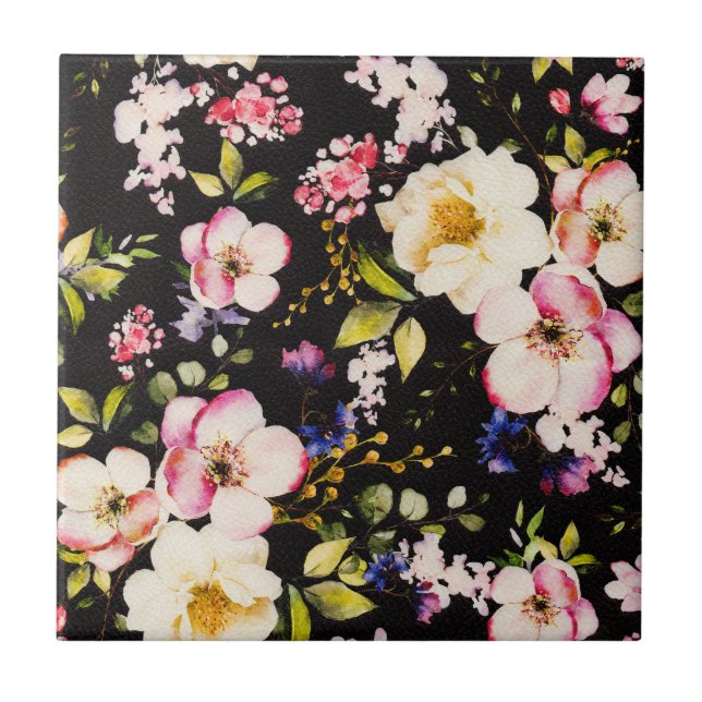 Watercolor Pink Yellow Roses Black Background Ceramic Tile (Front)