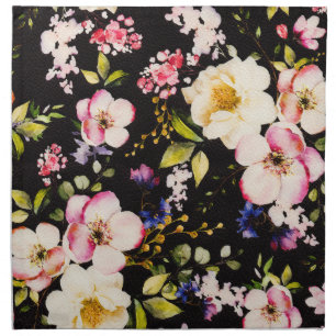 Watercolor Pink Yellow Roses Black Background Cloth Napkin
