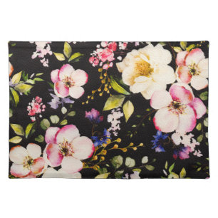 Watercolor Pink Yellow Roses Black Background Cloth Placemat