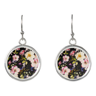 Watercolor Pink Yellow Roses Black Background Earrings