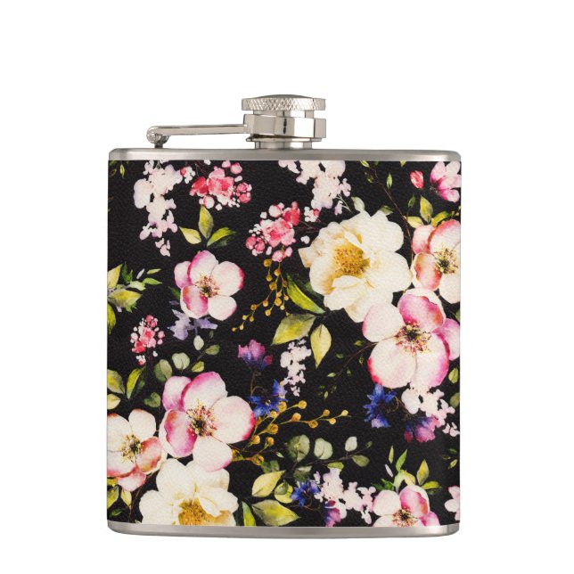 Watercolor Pink Yellow Roses Black Background Flask (Front)