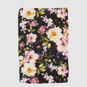 Watercolor Pink Yellow Roses Black Background Golf Towel