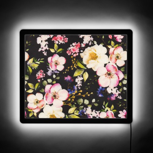 Watercolor Pink Yellow Roses Black Background LED Sign