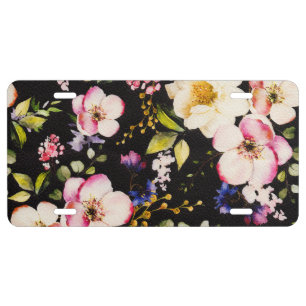 Watercolor Pink Yellow Roses Black Background License Plate
