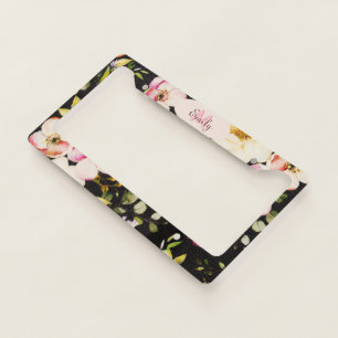 Watercolor Pink Yellow Roses Black Background License Plate Frame