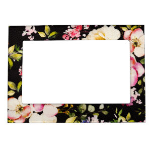 Watercolor Pink Yellow Roses Black Background Magnetic Frame