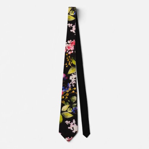 Watercolor Pink Yellow Roses Black Background Neck Tie