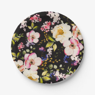 Watercolor Pink Yellow Roses Black Background Paper Plates