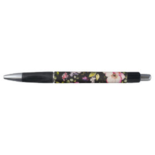 Watercolor Pink Yellow Roses Black Background Pen