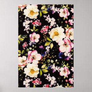 Watercolor Pink Yellow Roses Black Background Poster