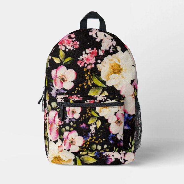 Watercolor Pink Yellow Roses Black Background Printed Backpack (Front)