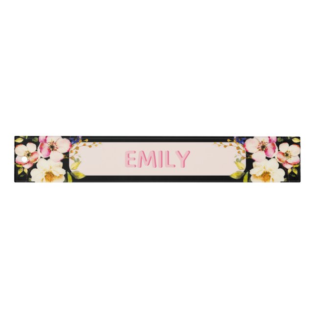 Watercolor Pink Yellow Roses Black Background Ruler (Front)