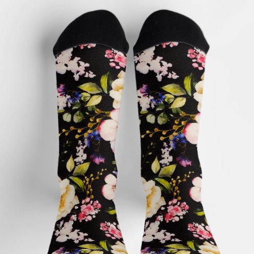 Watercolor Pink Yellow Roses Black Background Socks