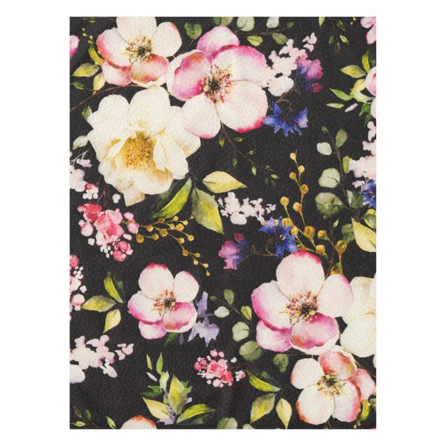 Watercolor Pink Yellow Roses Black Background Tablecloth (Front)