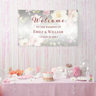 Watercolor Pink Yellow Roses,black blurred,Wedding Banner