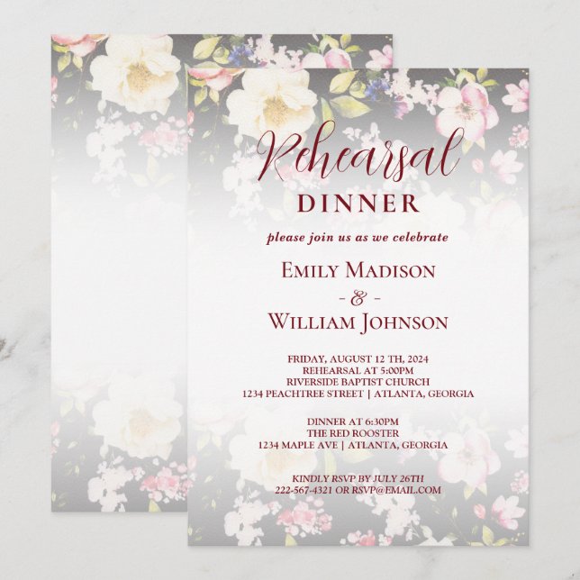 Watercolor Pink Yellow Roses,black blurred,Wedding Invitation (Front/Back)