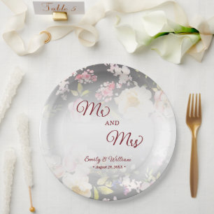 Watercolor Pink Yellow Roses,black blurred,Wedding Paper Plates