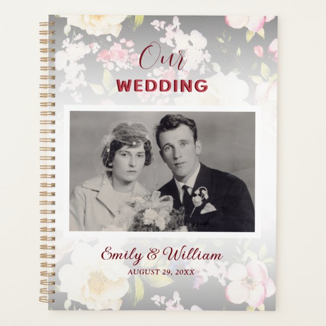 Watercolor Pink Yellow Roses,black blurred,Wedding Planner (Front)