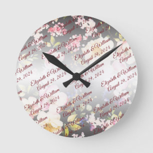 Watercolor Pink Yellow Roses,black blurred,Wedding Round Clock