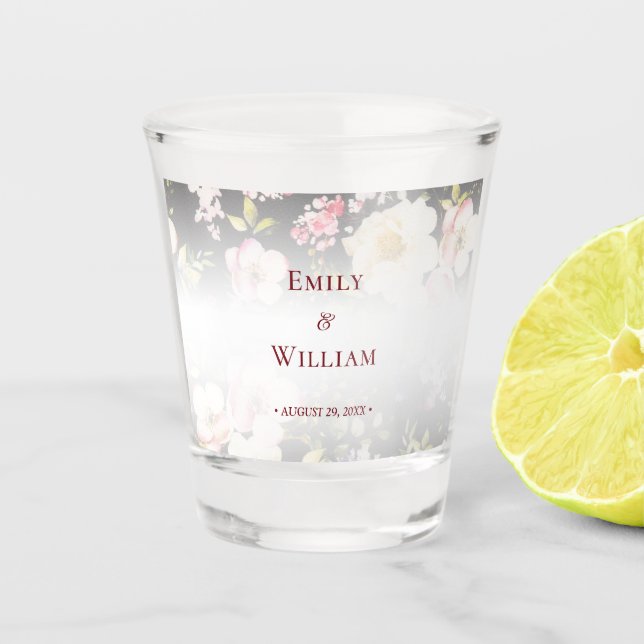 Watercolor Pink Yellow Roses,black blurred,Wedding Shot Glass (Front)