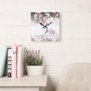 Watercolor Pink Yellow Roses,black blurred,Wedding Square Wall Clock