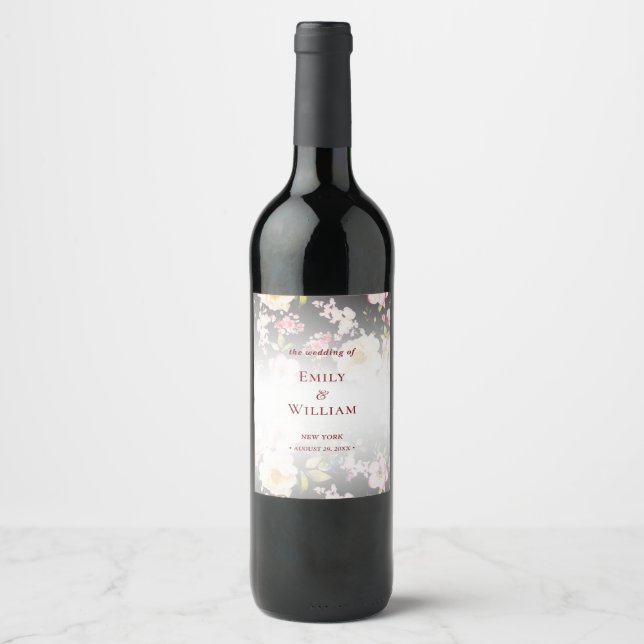 Watercolor Pink Yellow Roses,black blurred,Wedding Wine Label (Front)