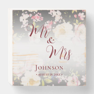 Watercolor Pink Yellow Roses,black blurred,Wedding Wooden Box Sign
