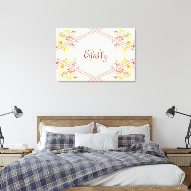 Watercolor Pink Yellow Roses, Lines, Monogram Canvas Print (Insitu(Bedroom))